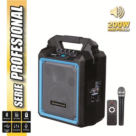 Coolsound Pro 200 Enceinte Bluetooth Auto-alimentée 200W 6.5" 60W RMS avec Batterie - USB, SD, Entrée Micro Jack 6.3mm - 1 Microphone Pro Cool Series - Autonomie jusqu'à 3.5h - Poignée de Transport - Télécommande
