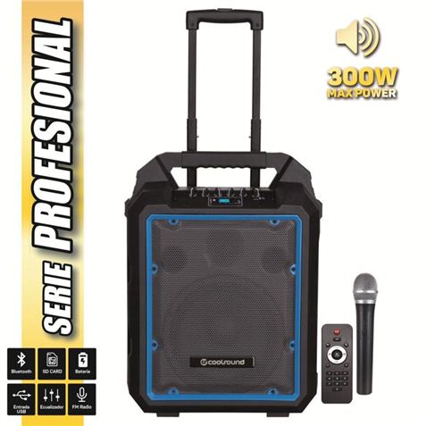 Coolsound Pro 300 Enceinte Bluetooth Auto-alimentée 300W 10" 80W RMS avec Batterie - Entrée Micro USB, SD, Jack 6.3mm - 1 Micro Série Pro Cool - Autonomie jusqu'à 4h - Poignée et Roulettes de Transport - Télécommande