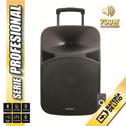 Coolsound Pro Series Enceinte Bluetooth Auto-alimentée 700W 15" 120W avec Batterie - USB, Entrée Micro Jack 6.3mm - 2 Micros Inclus - Poignée et Roulettes de Transport - Télécommande