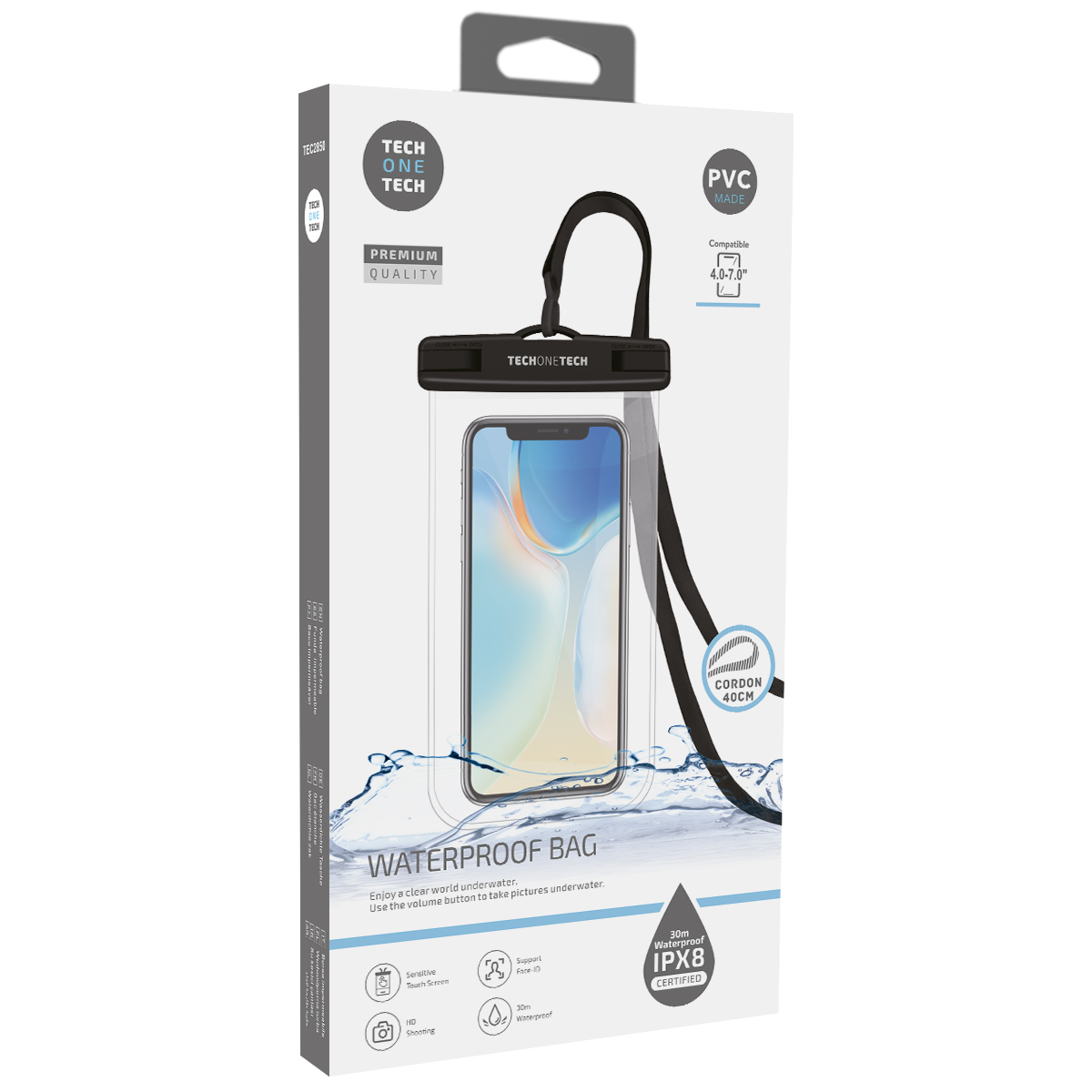 Coque Étanche TechOneTech pour Smartphone jusqu'à 7" - Avec Pendentif - Résistance IPX8 - Fabriqué en PVC