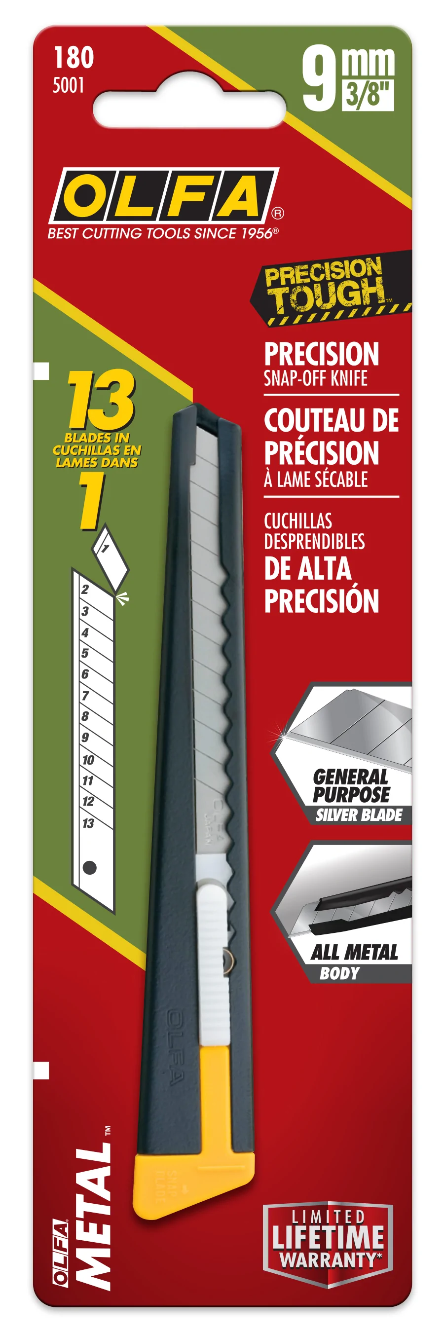 Couteau de précision Olfa 180 en métal - Manche en acier - Design raffiné