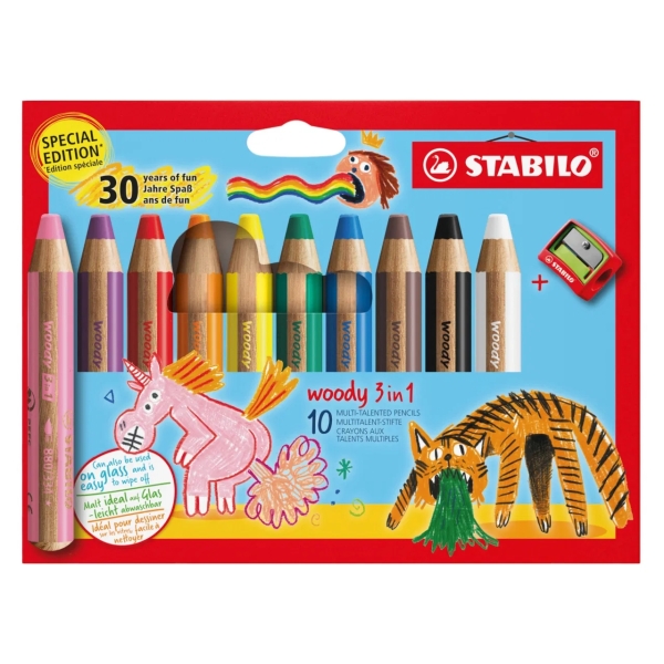 Crayons de couleur Stabilo Woody 3-en-1 30e anniversaire Licorne et Tigre, lot de 10 + taille-crayons - Crayons de couleur, de cire et d'aquarelle, tout-en-un - Mine XXL 10 mm - Couleurs assorties