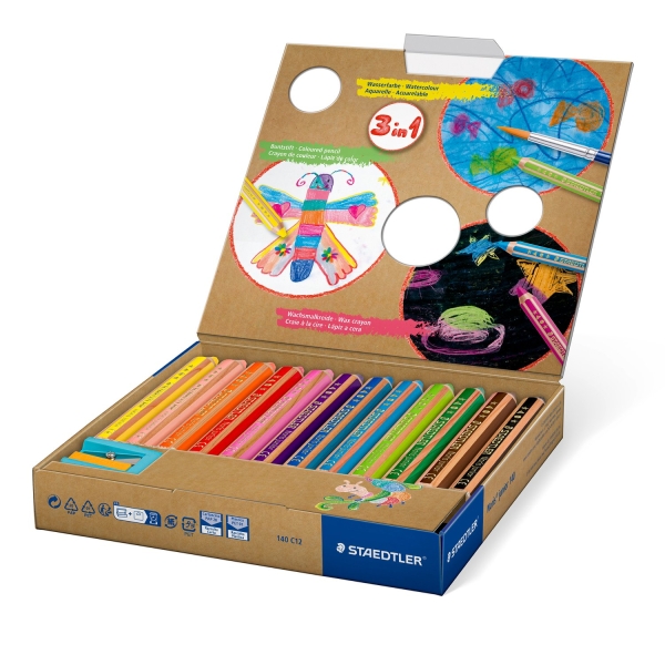 Crayons de couleur Staedtler Noris Junior, lot de 12 crayons de couleur extra-épais + taille-crayon – 3 en 1, crayon, cire et aquarelle – Couleurs assorties