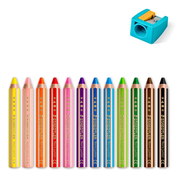 Crayons de couleur Staedtler Noris Junior, lot de 12 crayons de couleur extra-épais + taille-crayon – 3 en 1, crayon, cire et aquarelle – Couleurs assorties