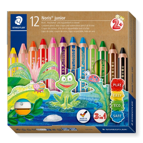 Crayons de couleur Staedtler Noris Junior, lot de 12 crayons de couleur extra-épais + taille-crayon – 3 en 1, crayon, cire et aquarelle – Couleurs assorties
