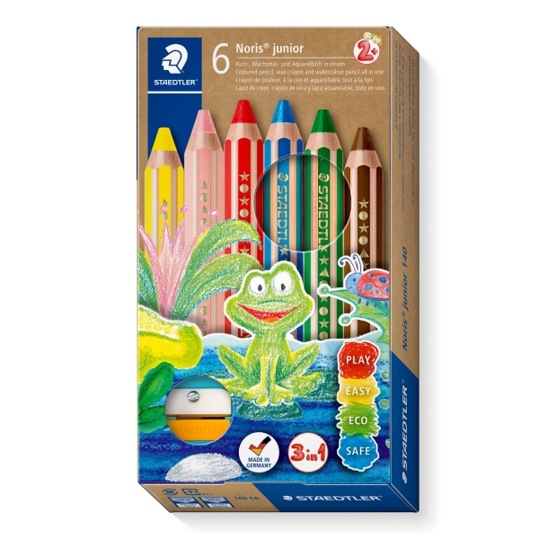 Crayons de couleur Staedtler Noris Junior, lot de 6, extra épais + taille-crayon – 3 en 1, crayon, cire et aquarelle – Couleurs assorties