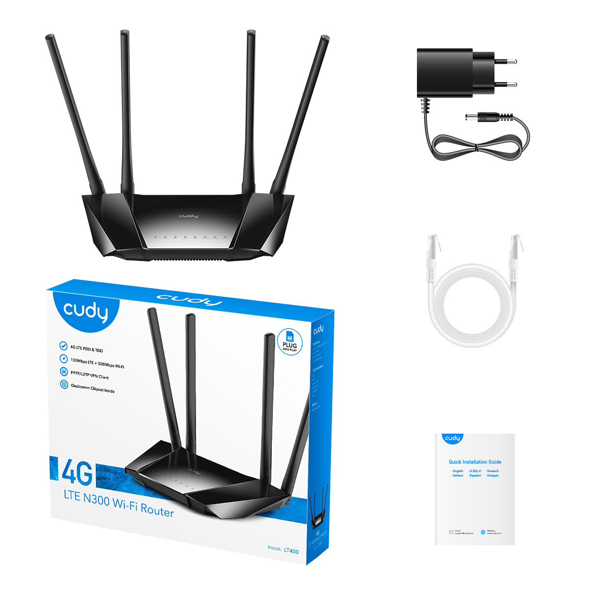 Cudy LT400 Routeur WiFi N 4G LTE 300 Mbps - 1x Port Wan 10/100Mbps et 3x Ports Lan 10/100Mbps - 4 Antennes Externes