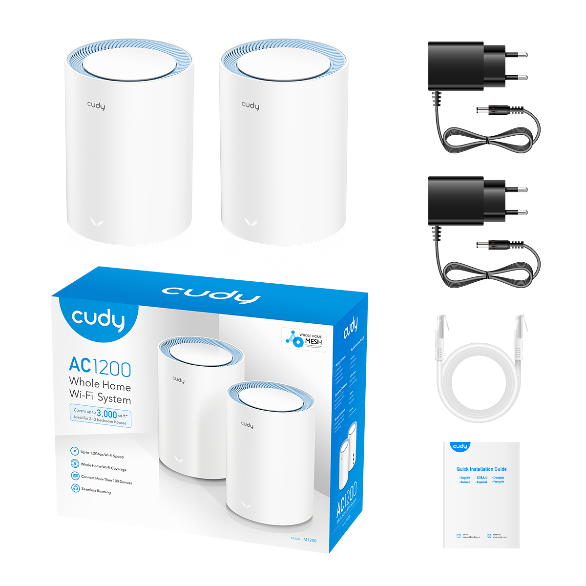 Cudy M1200 Lot de 2 Systèmes WiFi Mesh AC1200 Dual Band - 867Mbps en 5GHz, 300Mbps en 2,4GHz - 1x Port LAN 10/100Mbps, 1x Port WAN 10/100Mbps - 2 Antennes Internes