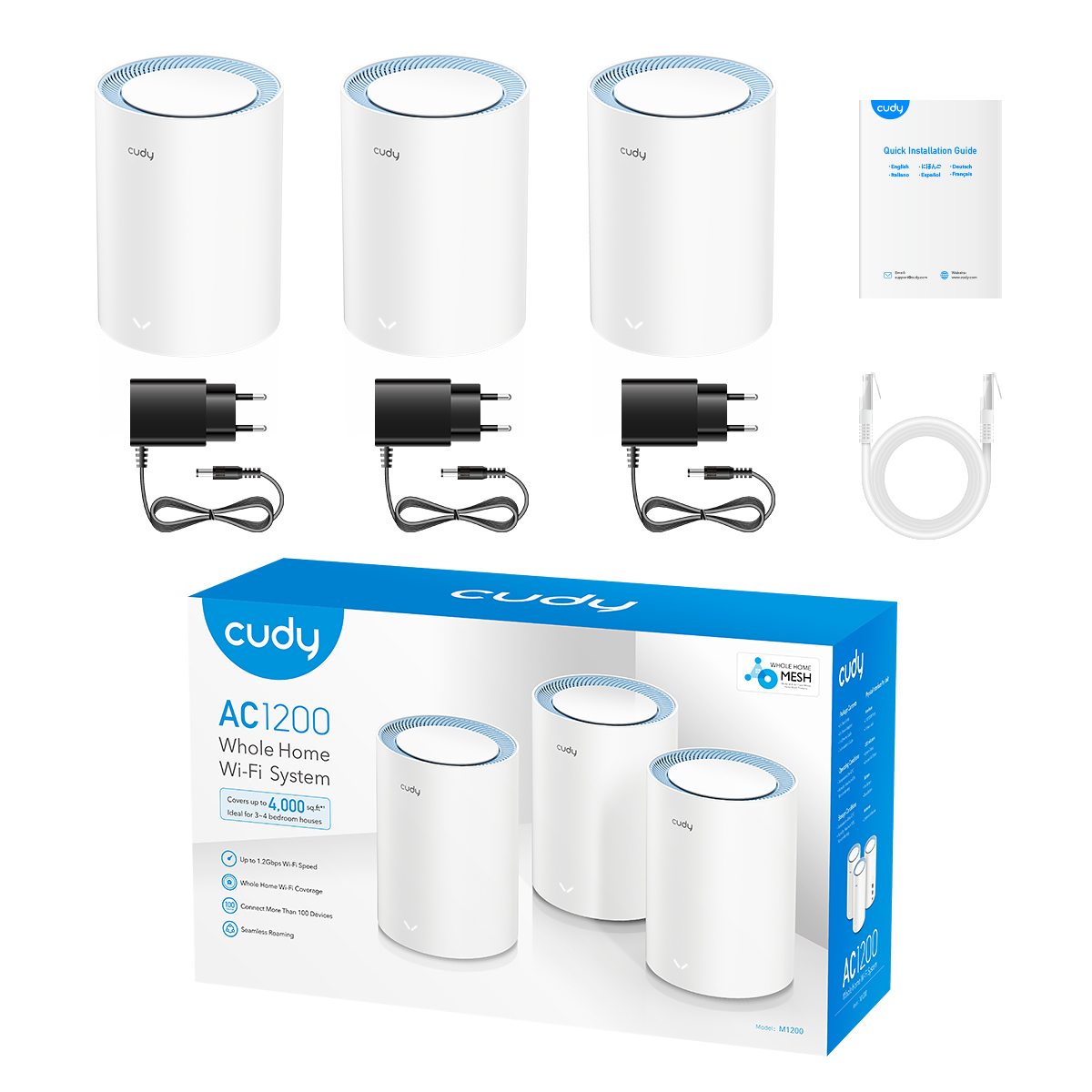 Cudy M1200 Pack de 3 Systèmes WiFi Mesh AC1200 Dual Band - 867Mbps en 5GHz, 300Mbps en 2.4GHz - 1x Port LAN 10/100Mbps, 1x Port WAN 10/100Mbps - 2 Antennes Internes