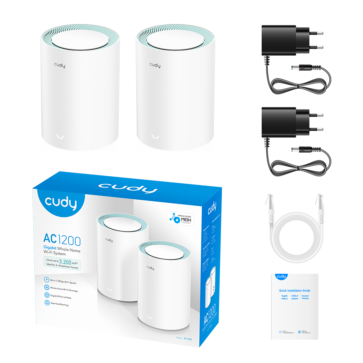 Cudy M1300 Pack de 2 Systèmes WiFi Mesh AC1200 Dual Band - 867Mbps en 5GHz, 300Mbps en 2.4GHz - 1x Port LAN 1000/100/10Mbps, 1x Port WAN 1000/100/10Mbps - 2 Antennes Internes