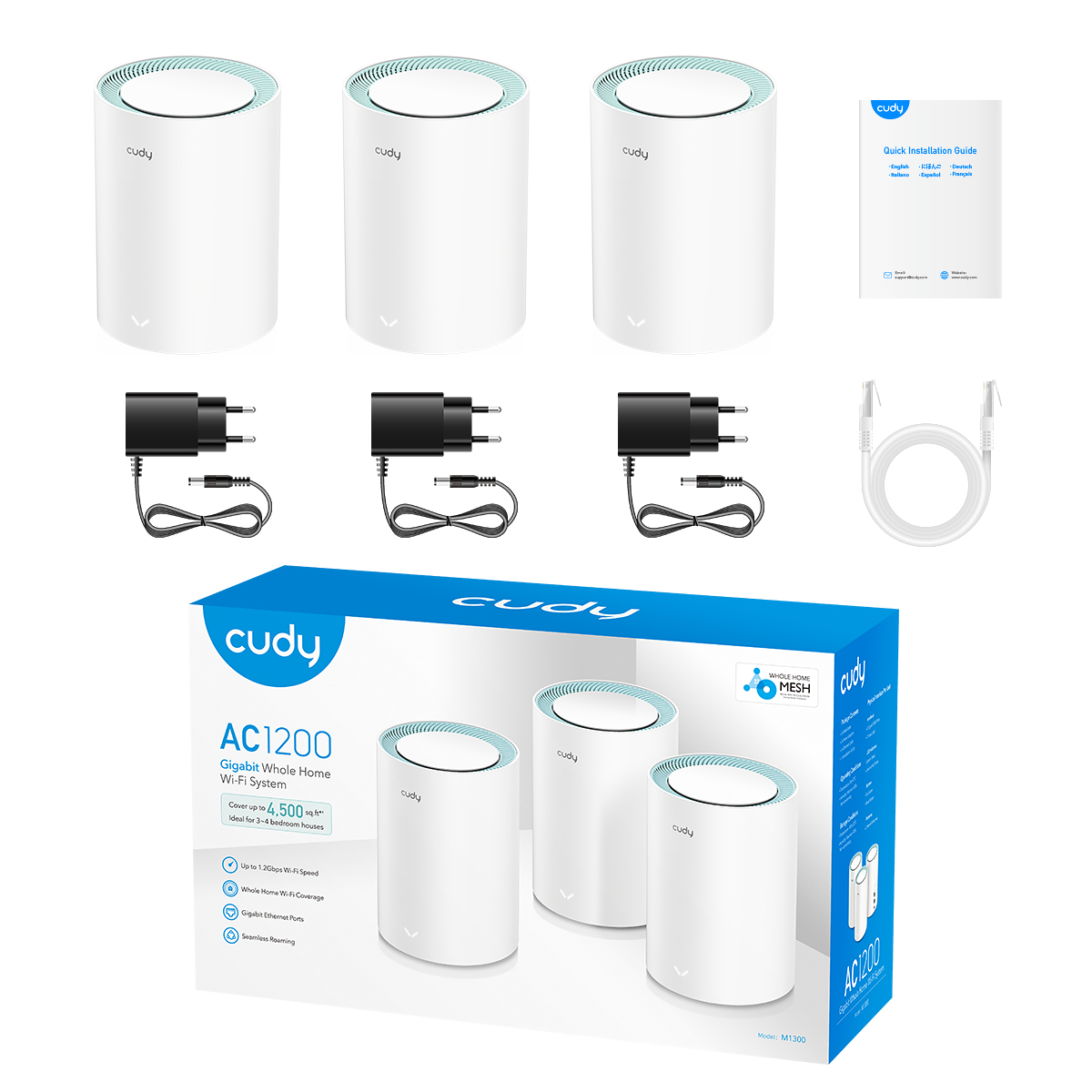 Cudy M1300 Pack de 3 Systèmes WiFi Mesh AC1200 Dual Band - 867Mbps en 5GHz, 300Mbps en 2.4GHz - 1x Port LAN 1000/100/10Mbps, 1x Port WAN 1000/100/10Mbps - 2 Antennes Internes