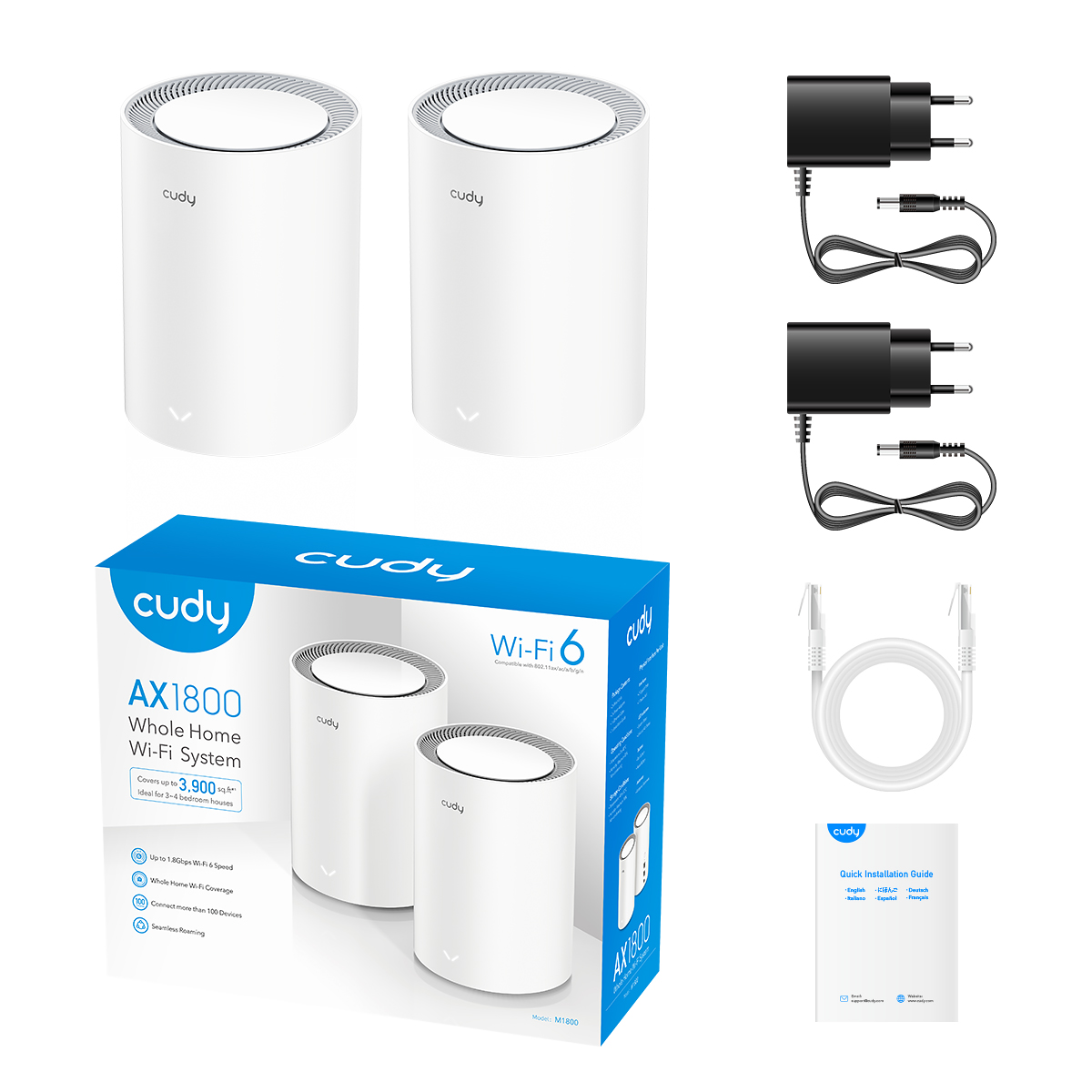 Cudy M1800 Pack de 2 Systèmes WiFi 6 Mesh AX1800 Dual Band - 1201Mbps en 5GHz, 574Mbps en 2.4GHz - 1x Port LAN 1000/100/10Mbps, 1x Port WAN 1000/100/10Mbps - 4 Antennes Internes