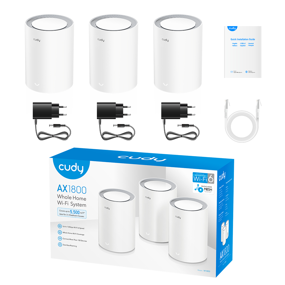 Cudy M1800 Pack de 3 Systèmes WiFi 6 Mesh AX1800 Dual Band - 1201Mbps en 5GHz, 574Mbps en 2.4GHz - 1x Port LAN 1000/100/10Mbps, 1x Port WAN 1000/100/10Mbps - 4 Antennes Internes