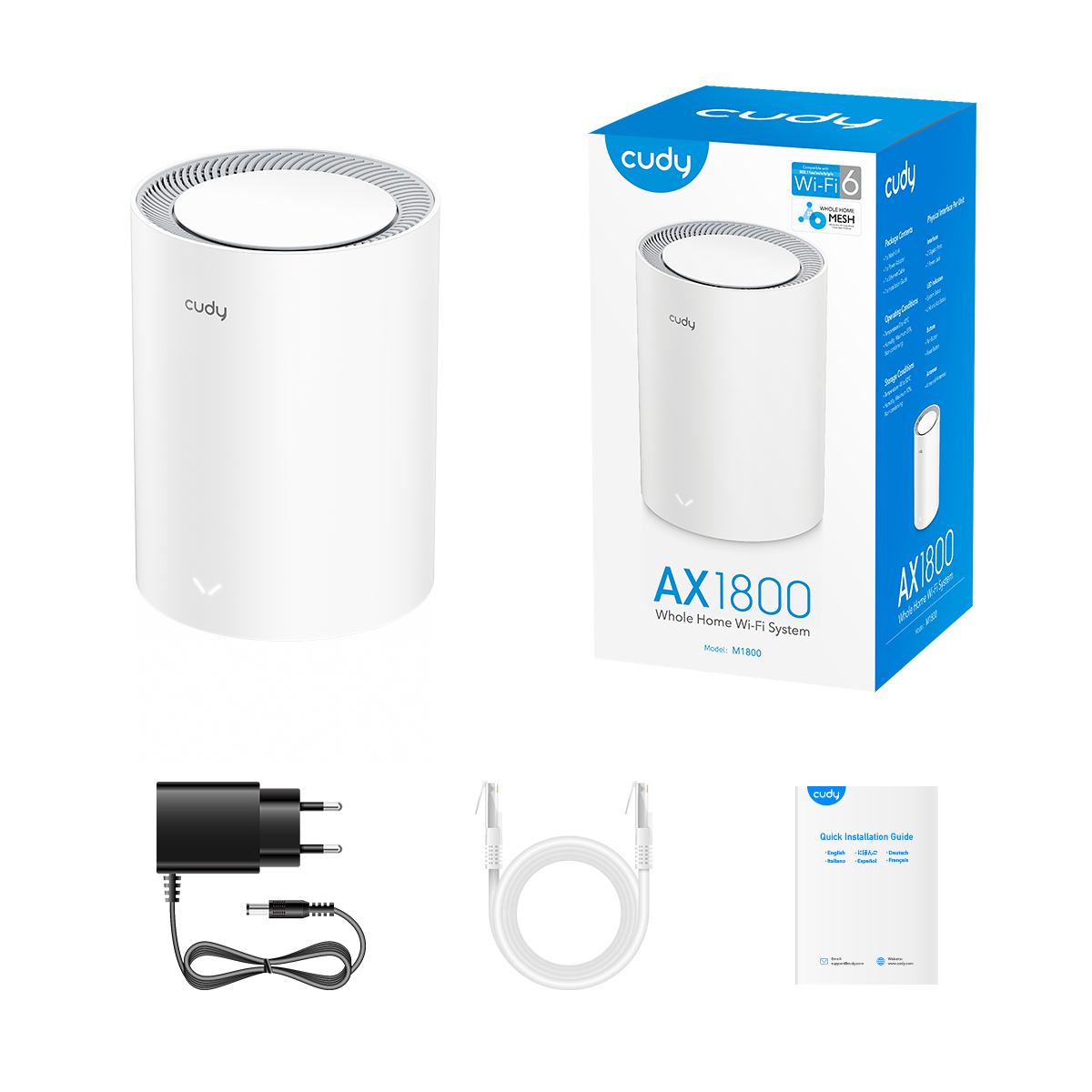 Cudy M1800 WiFi 6 Mesh AX1800 Système Dual Band - 1201Mbps en 5GHz, 574Mbps en 2.4GHz - 1x Port LAN 1000/100/10Mbps, 1x Port WAN 1000/100/10Mbps - 4 Antennes Internes