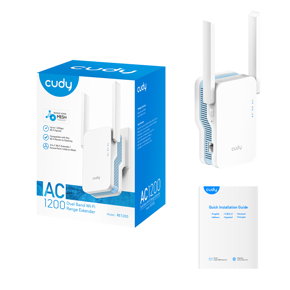 Cudy RE1200 Range Extender AC1200 WiFi 6 Dual Band - Jusqu'à 867 Mbps - Bouton WPS - 2 Antennes Externes