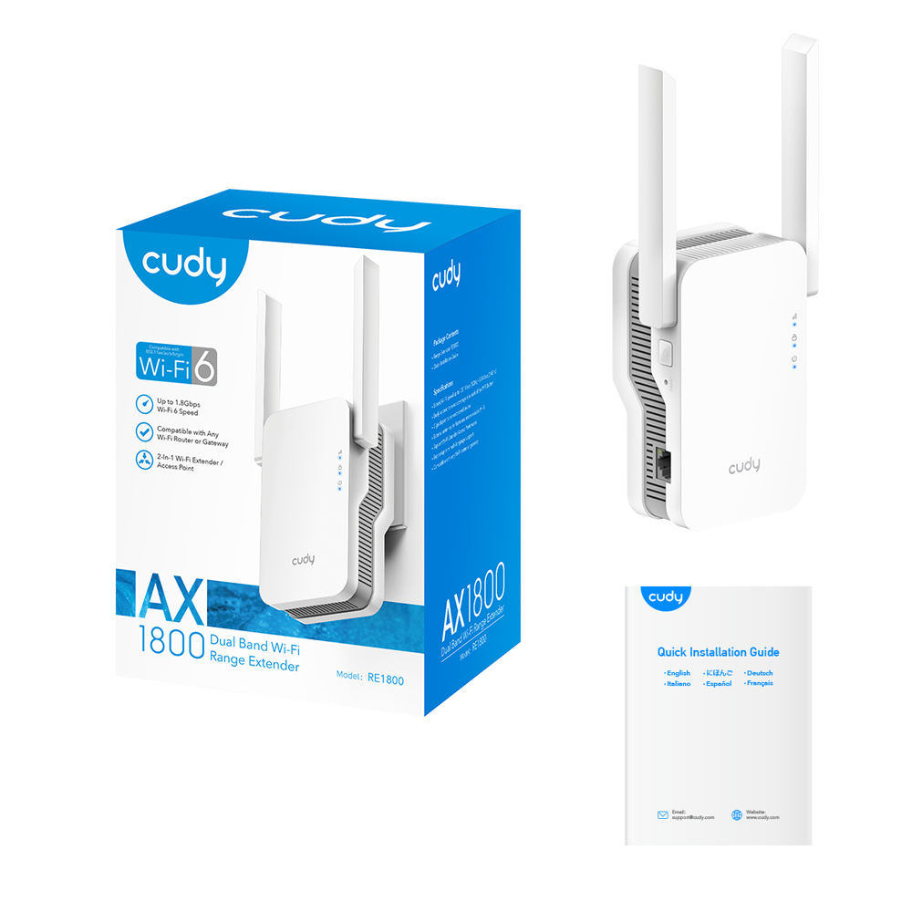 Cudy RE1800 Range Extender AX1800 WiFi 6 Dual Band - Jusqu'à 1201Mbps - Bouton WPS - 2 Antennes Externes