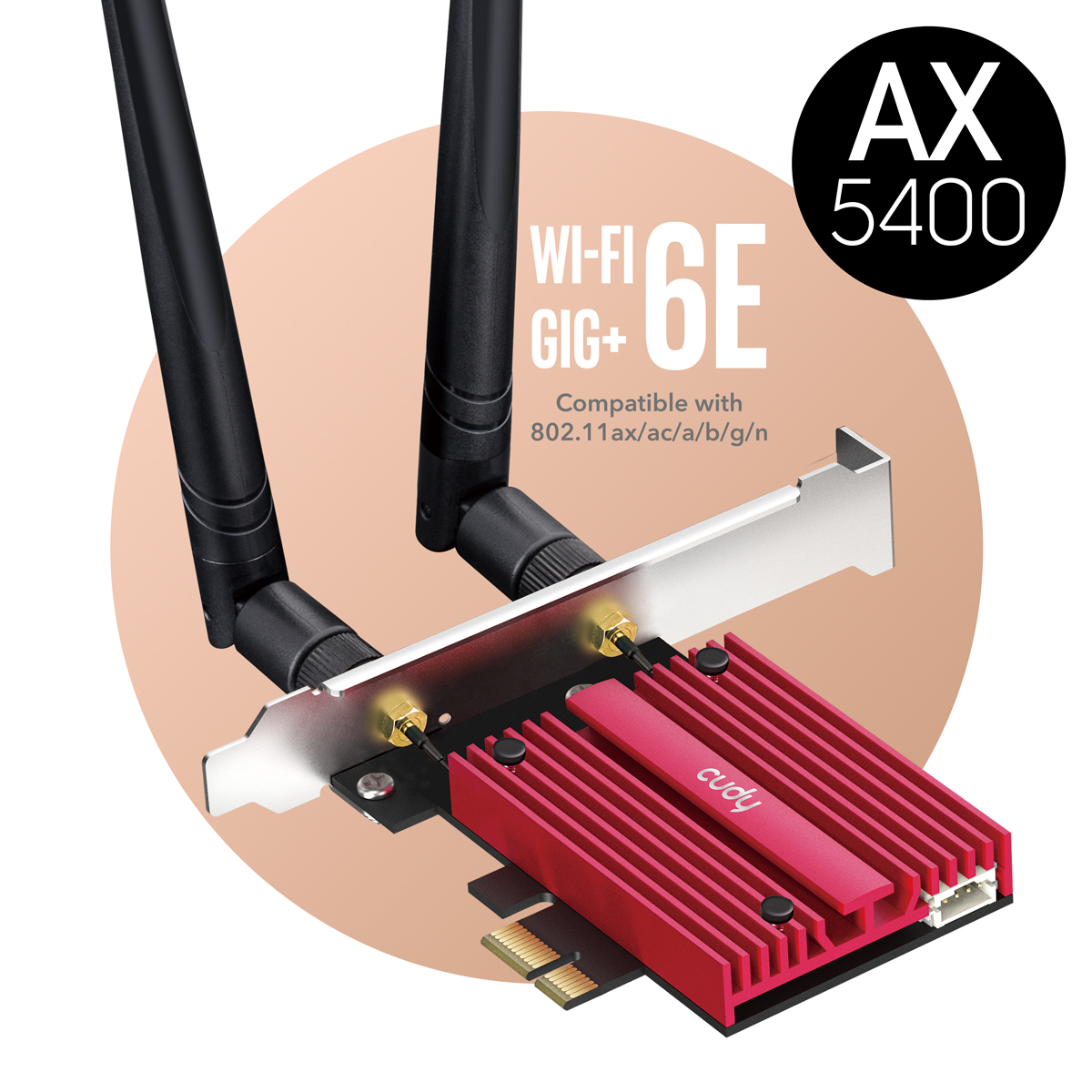Cudy WE3000S Adaptateur Réseau PCI-e AX5400 WiFi 6E Tri-Bande - Bluetooth 5.2 - 2 Antennes Externes