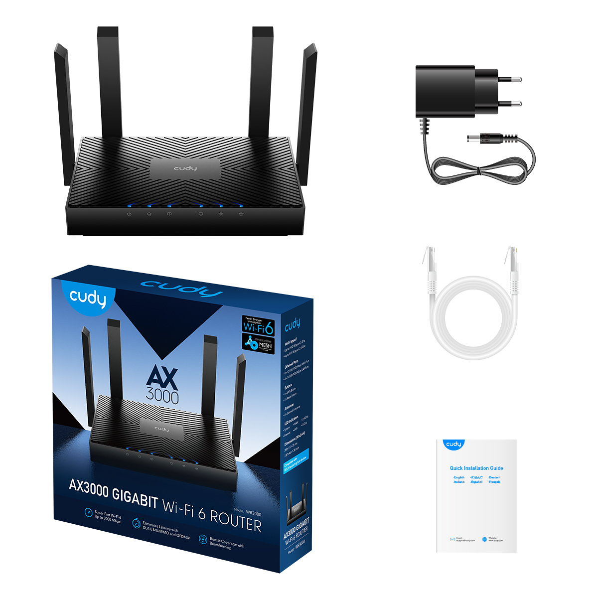 Cudy WR3000 Routeur Intelligent WiFi 6 AX3000 Dual Band - 1x Port Wan 1000/100/10 Mbps et 3x Ports Lan 1000/100/10 Mbps - 4 Antennes Externes