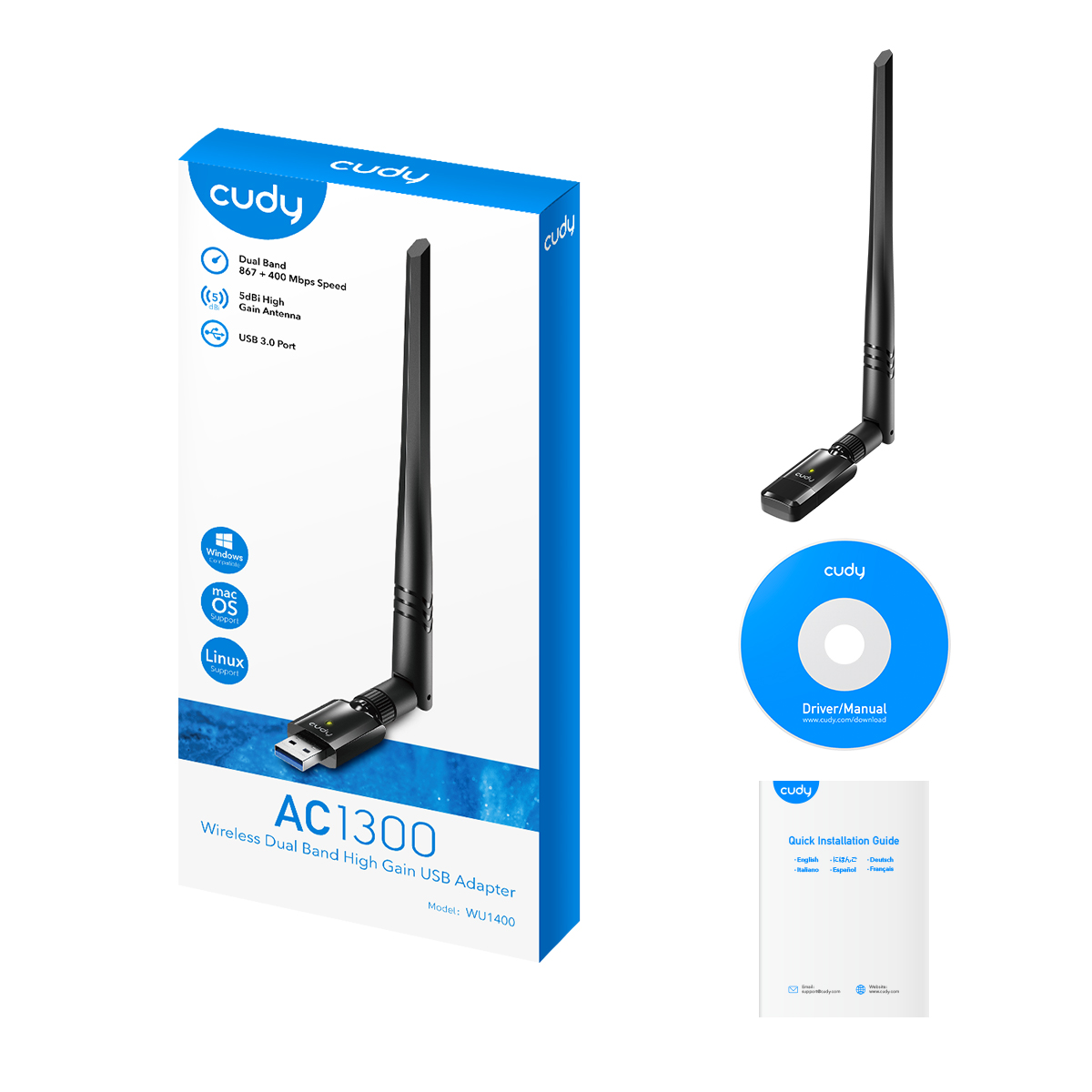 Cudy WU1400 Adaptateur réseau USB 3.0 AC1300 Wi-Fi double bande - Jusqu'à 867 Mbps en 5 GHz - Antenne à gain élevé