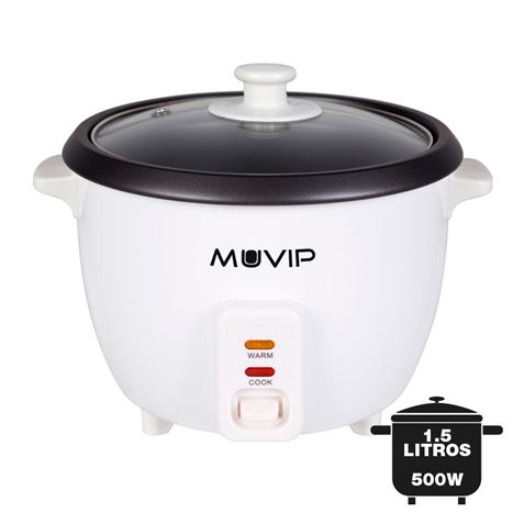 Cuiseur à Riz Muvip - Capacité 1,5 Litres - Puissance 500W - Système de Cuisson et de Chauffage - Récipient Intérieur en Aluminium Antiadhésif - Couvercle en Verre - Couleur Blanc