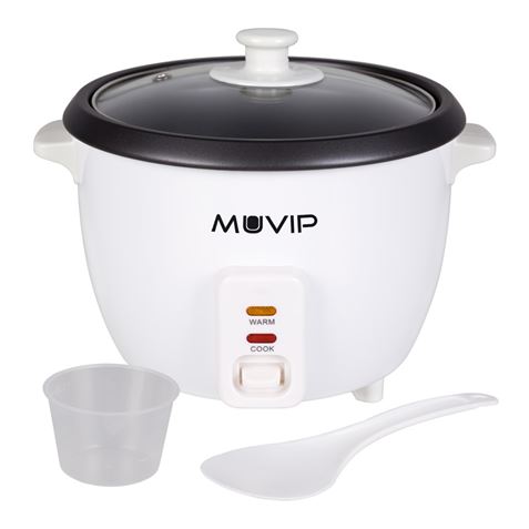 Cuiseur à Riz Muvip - Capacité 1 Litre - Puissance 400W - Système de Cuisson et de Chauffage - Récipient Intérieur Antiadhésif - Couvercle en Verre - Accessoires Inclus - Couleur Blanc