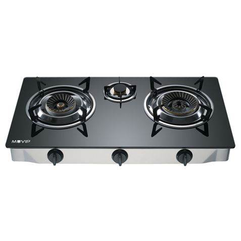 Cuisinière à Gaz Muvip Inox 3 Foyers - Verre Trempé - Allumage Piézoélectrique - Brûleur Fonte Amovible