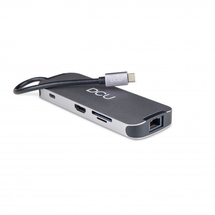 DCU Tecnologic Hub USB Type C - Connexion HDMI 4K - Jack Audio 3,5 mm - 3 USB 3.0 - Gigabit Ethernet - Lecteur de Carte SD/TF - Couleur Métal