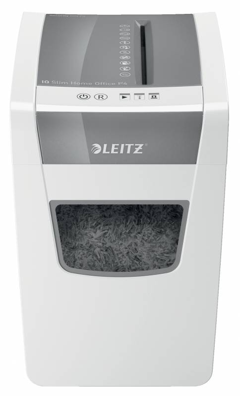 Destructeur de documents Leitz IQ Slim Home Office P4 - Silencieux et élégant - 10 feuilles - Corbeille 23L - Coupe confettis - Niveau de sécurité Din P4 - Blanc