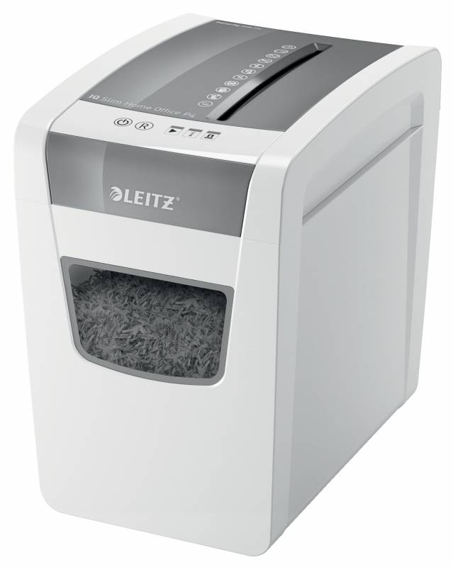 Destructeur de documents Leitz IQ Slim Home Office P4 - Silencieux et élégant - 10 feuilles - Corbeille 23L - Coupe confettis - Niveau de sécurité Din P4 - Blanc