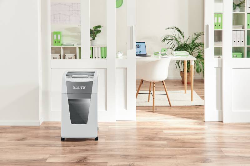 Destructeur de papier automatique Leitz IQ 300 Autofeed P4 - Détruit 300 feuilles - Corbeille 60L - Coupe particule - Blanc