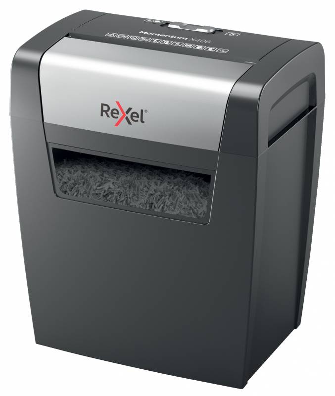 Destructeur Rexel Momentum x406 - P4, Coupe Confetti 4x30mm - Fonctionnement Ininterrompu 3 Minutes - Corbeille 15L - Noir