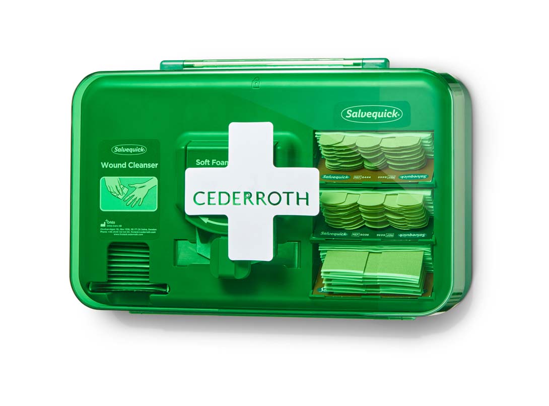 Distributeur de soins des plaies Cederroth - Comprend différentes tailles de pansements beiges, de lingettes pour plaies et de bandages auto-adhésifs