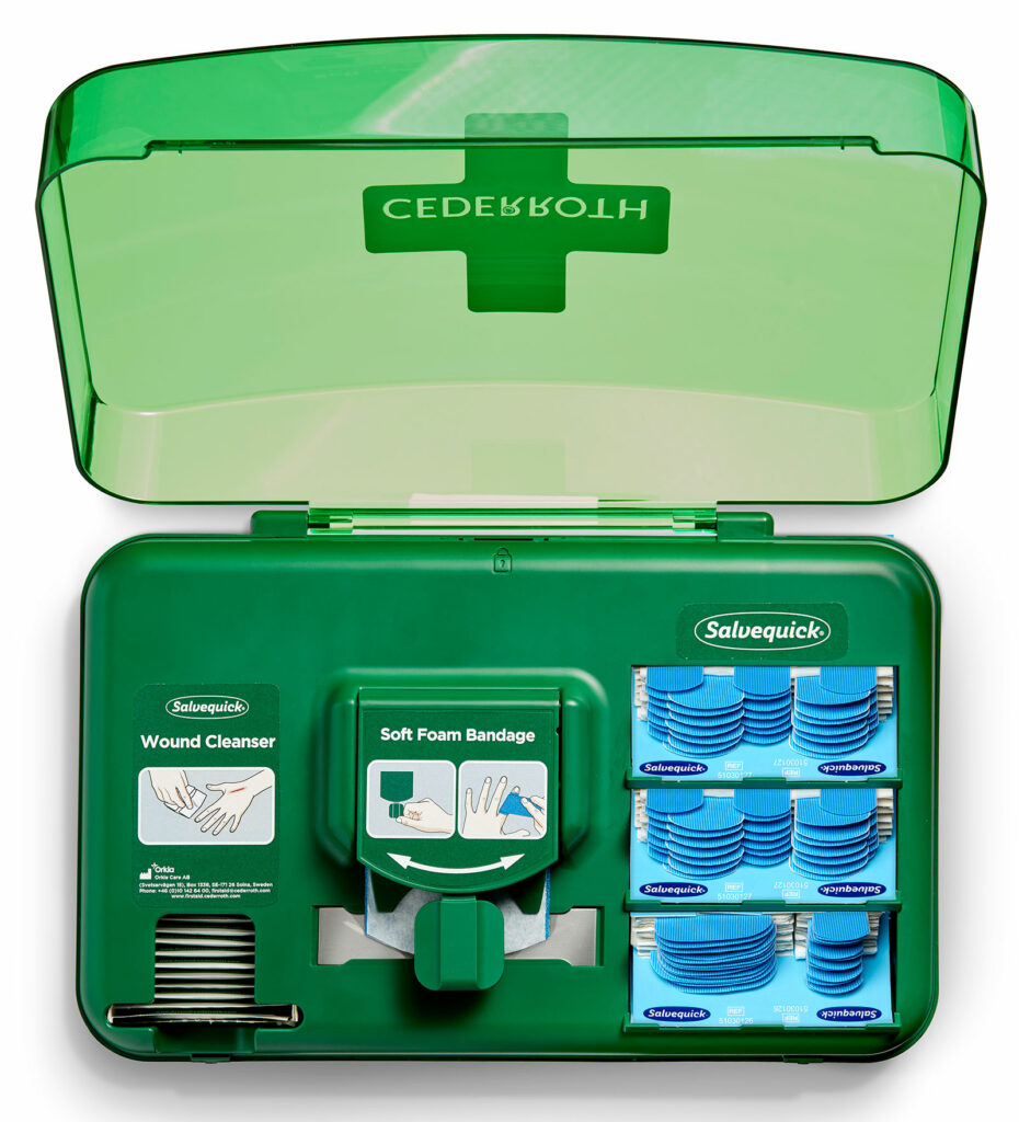 Distributeur de soins des plaies Cederroth - Comprend différentes tailles de pansements bleus, de lingettes pour plaies et de bandages auto-adhésifs