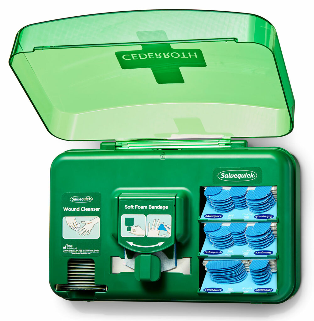 Distributeur de soins des plaies Cederroth - Comprend différentes tailles de pansements bleus, de lingettes pour plaies et de bandages auto-adhésifs
