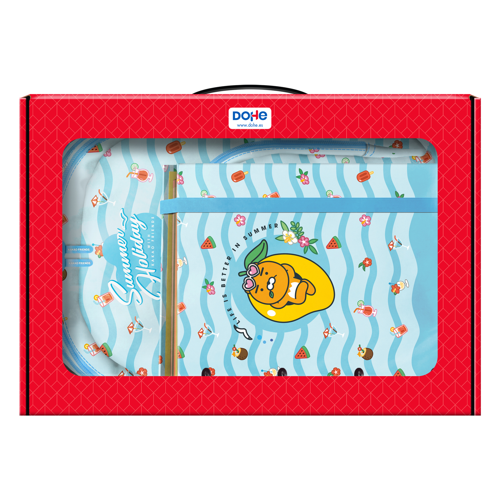 Dohe Kakao Friends Summer Holiday Pack Grand Sac à Dos + Trousse Triple + Classeur 4 Anneaux Format A4 avec Recharge 100 Feuilles