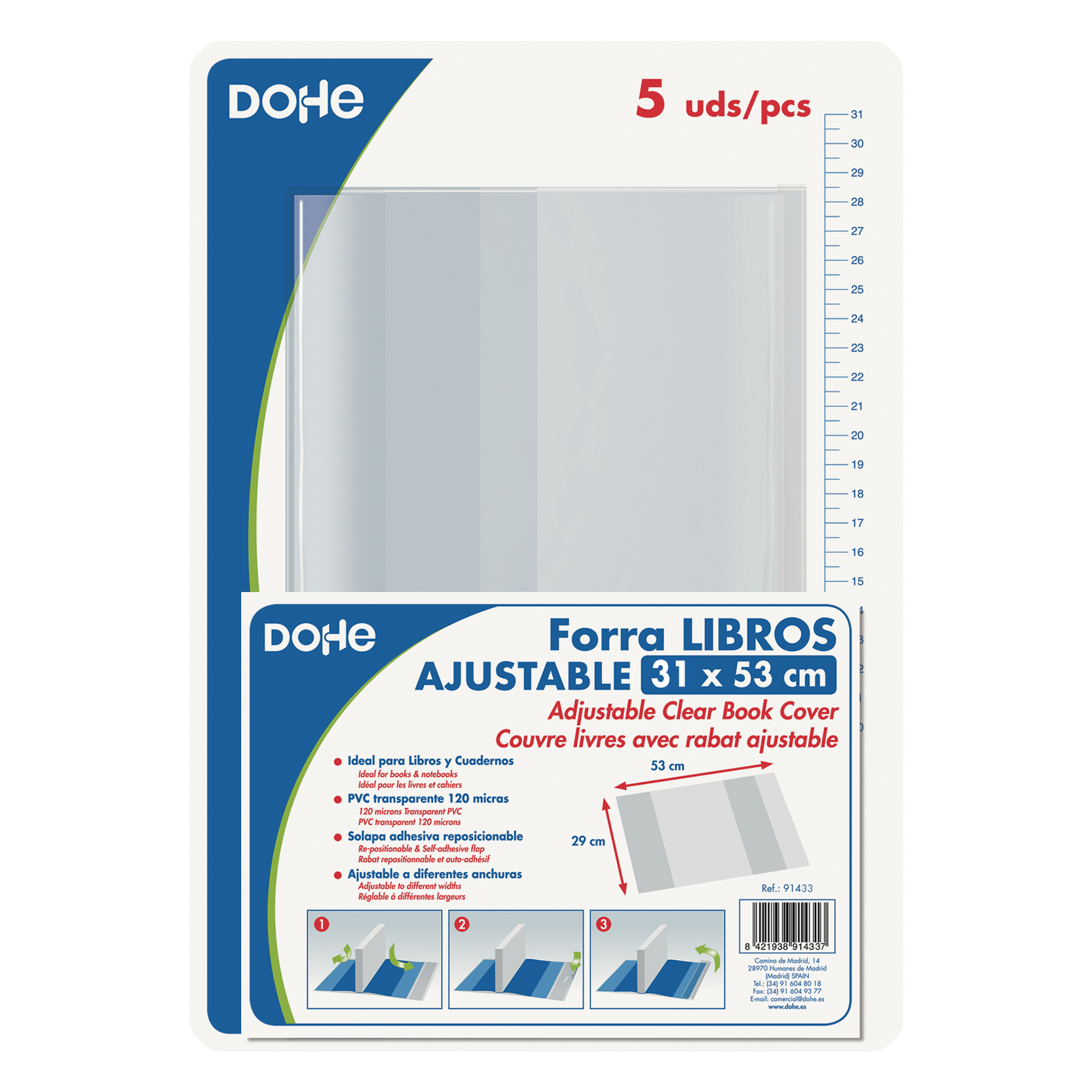 Dohe Lot de 5 Protèges Livres - Rabat Adhésif Repositionnable - Format 31x53cm - Matière PVC 120 microns