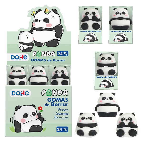 Dohe Présentoir de 24 Gommes Panda - En PVC - Forme Panda - Toucher Doux et Agréable - Boîte Individuelle Transparente
