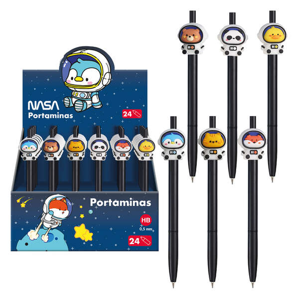 Dohe Présentoir de 24 porte-mines rechargeables - Corps en plastique - Mine graphite 0,5 mm - Pointe métallique rétractable - Écriture fluide - Décoration astronaute-animal