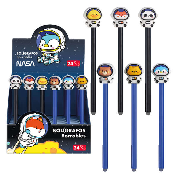 Dohe Présentoir de 24 stylos à encre effaçable - Corps en plastique coloré - Capuchon décoré astronaute-animal - Pointe boule métallique 1 mm - Encre bleue
