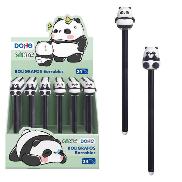 Dohe Présentoir de 24 Stylos à Encre Effaçable - Corps en Plastique Coloré - Capuchon Décoré de Motifs Panda - Pointe Boule Métallique 1mm - Encre Bleue
