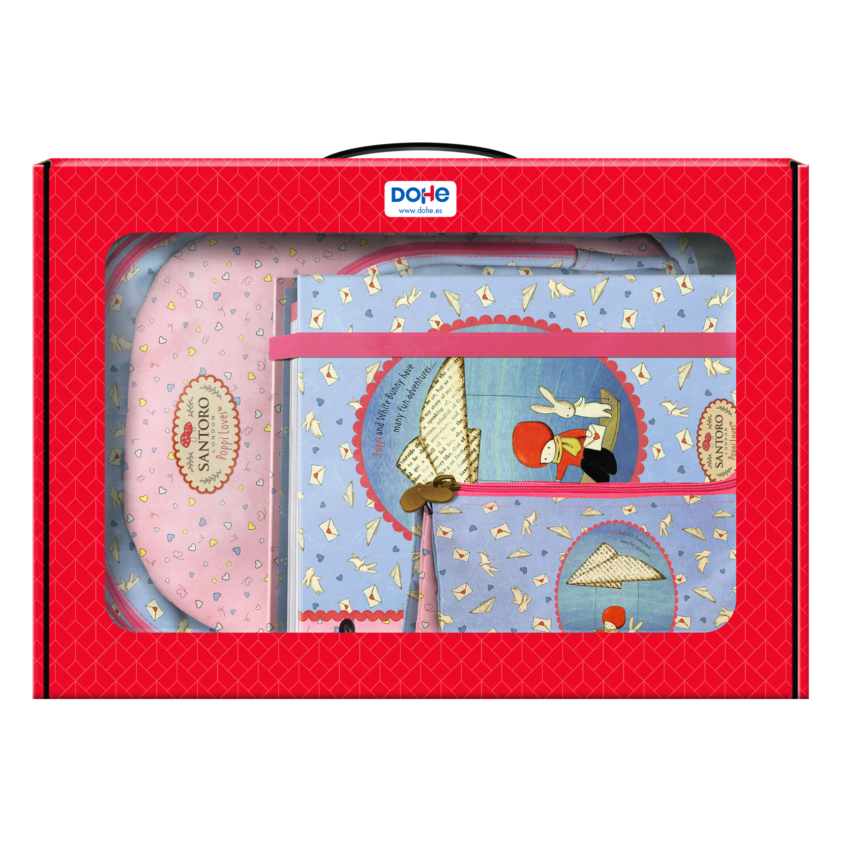Dohe Santoro Poppi Loves Messenger Grand Sac à Dos + Trousse Triple + Classeur 4 Anneaux Format A4 avec Recharge 100 Feuilles