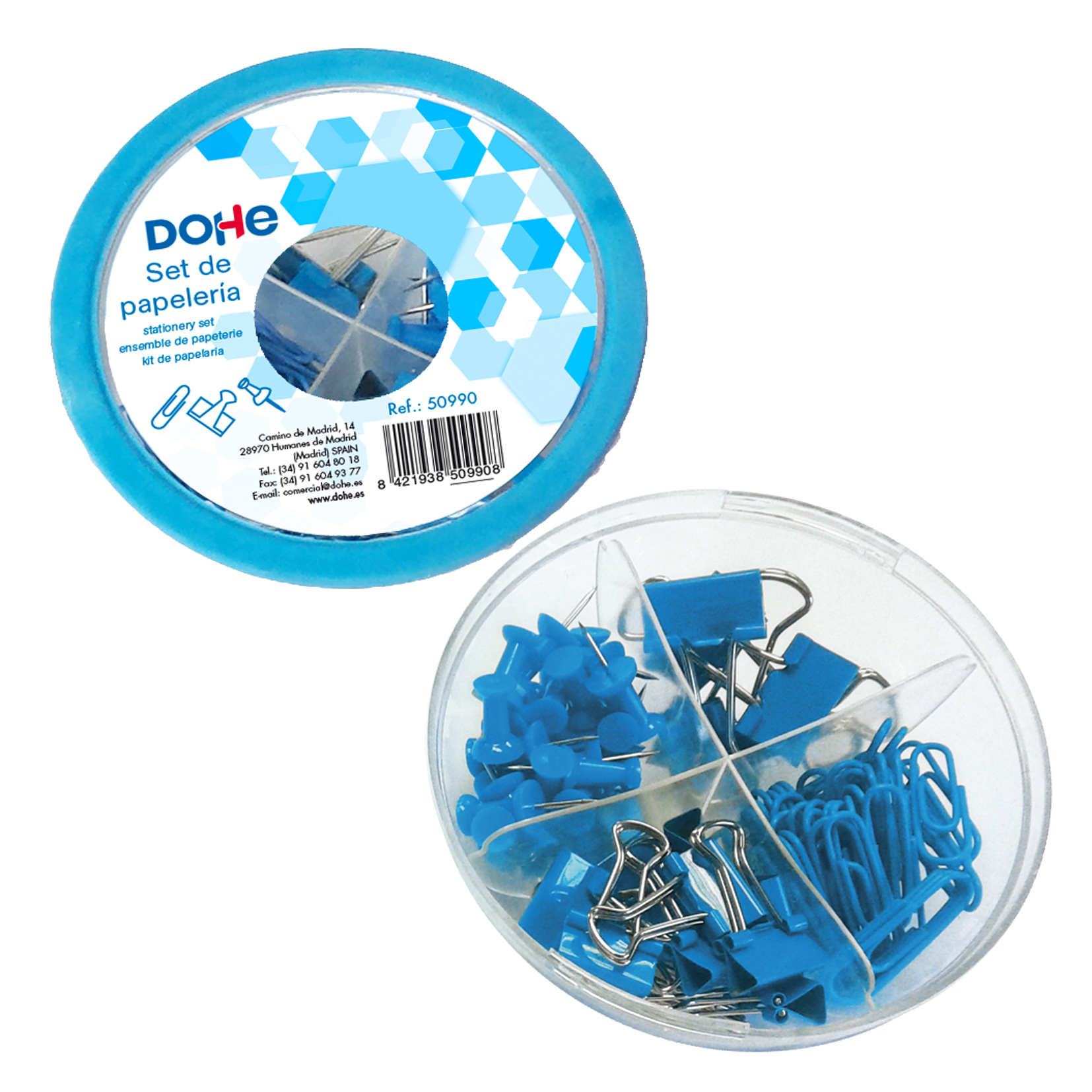 Dohe UFO Combo Pack d'accessoires de bureau - 12 pinces à épiler de 15 mm, 5 pinces à épiler de 19 mm, 50 pinces de 28 mm et 30 punaises de 22 mm - Couleur Bleu