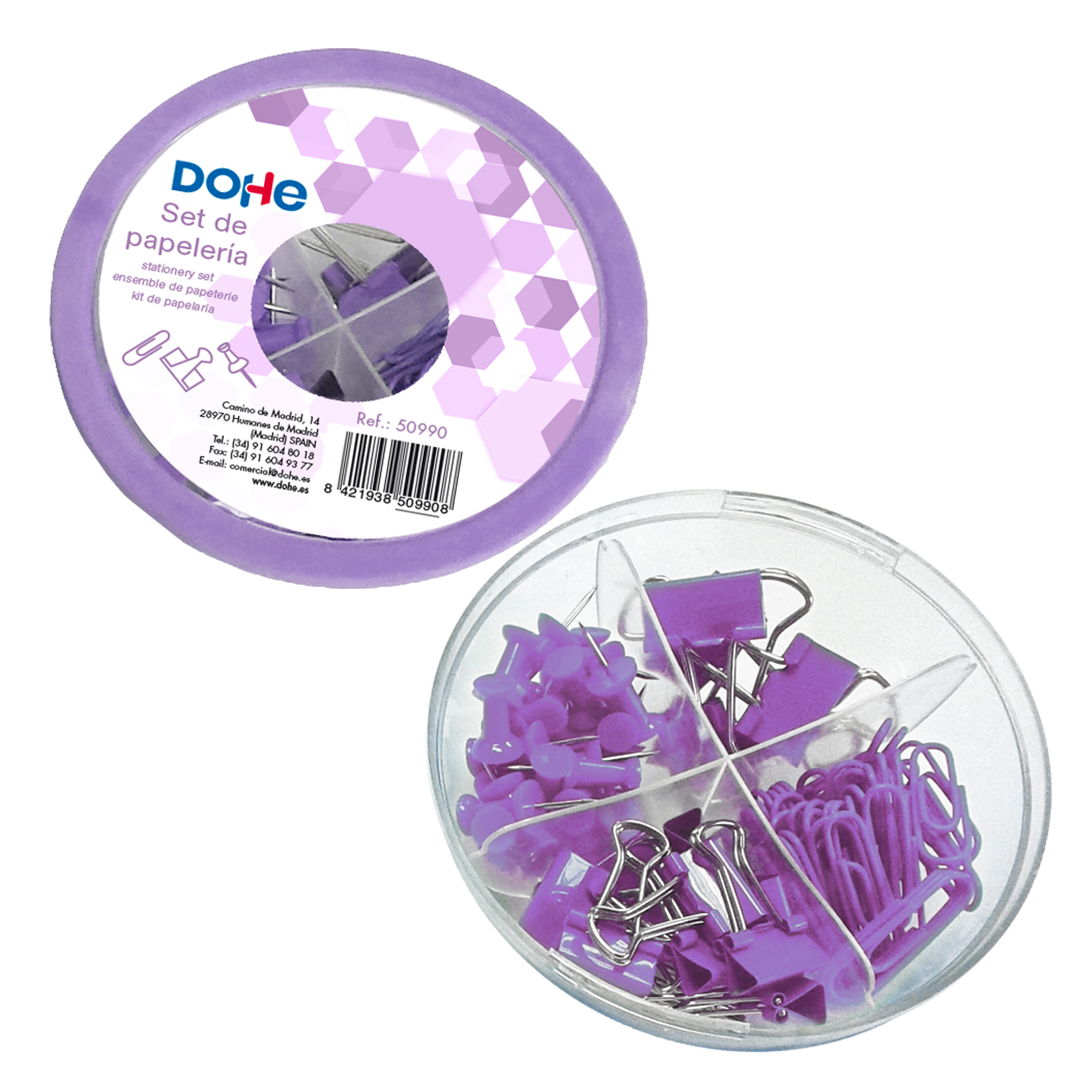 Dohe UFO Combo Pack d'accessoires de bureau - 12 pinces à épiler de 15 mm, 5 pinces à épiler de 19 mm, 50 pinces de 28 mm et 30 punaises de 22 mm - Couleur violette