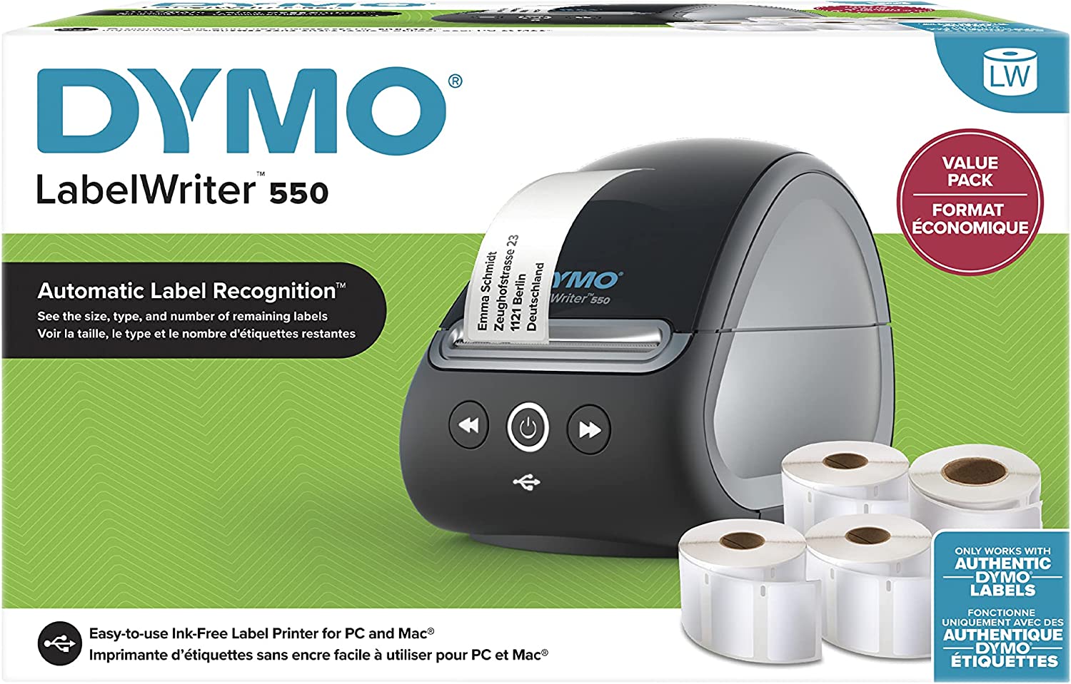 Dymo LabelWriter 550 Bundle Pack d'imprimante d'étiquettes + 4 rouleaux d'étiquettes - Jusqu'à 62 étiquettes par minute - Reconnaissance automatique des étiquettes