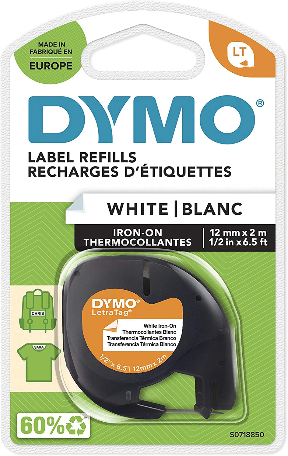 Dymo S0718850 Ruban textile thermocollant noir sur fond blanc - Largeur 12 mm x 2 mètres (18769)