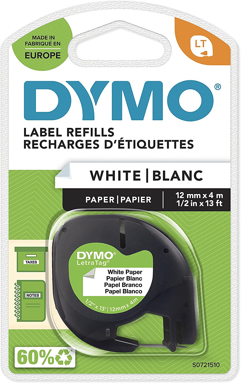 Dymo LetraTag 91200 (S0721510) - Texte noir sur fond blanc - Largeur 12 mm x 4 mètres