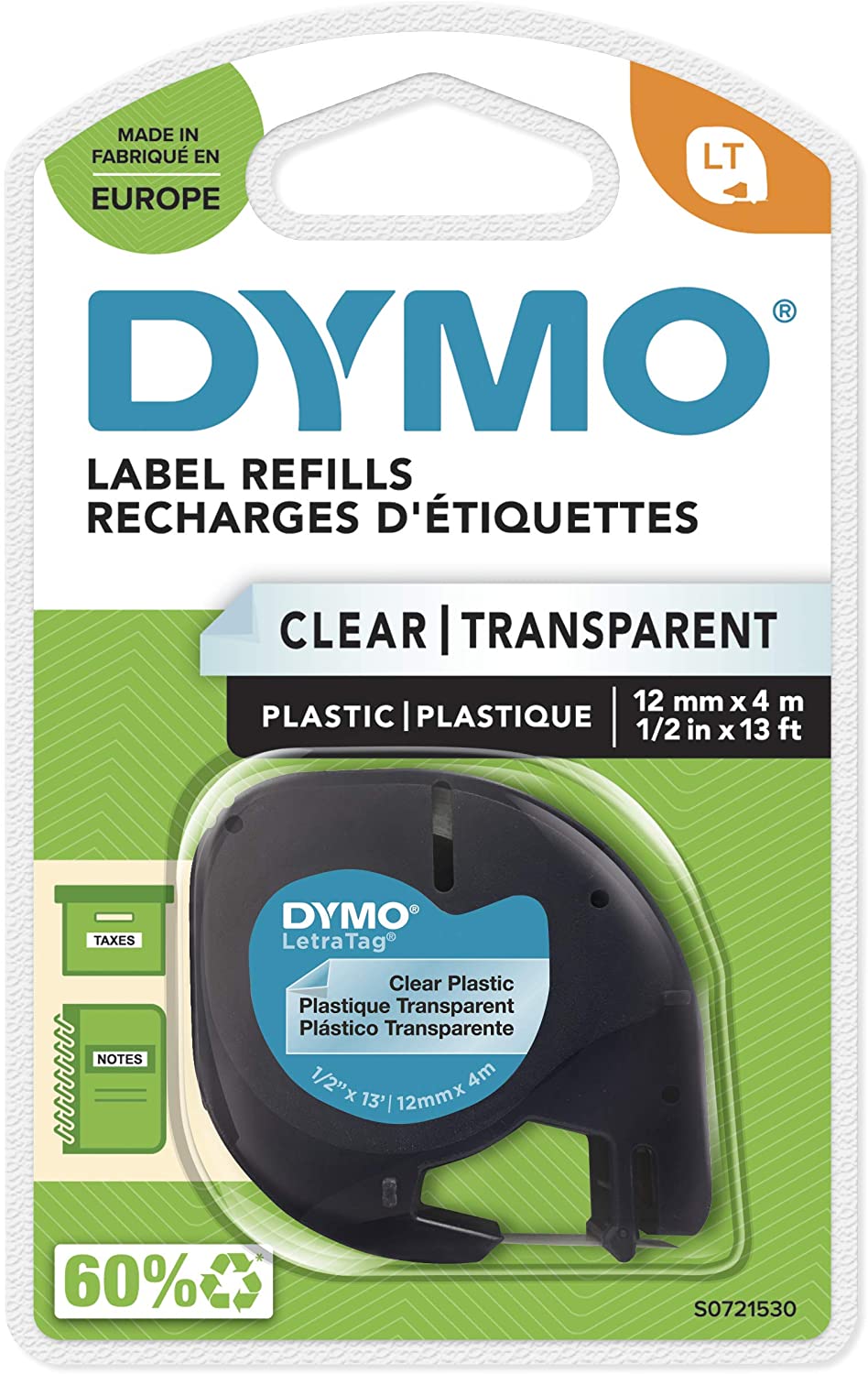 Dymo LetraTag 12267 (S0721530) - Texte noir sur fond transparent - Largeur 12 mm x 4 mètres