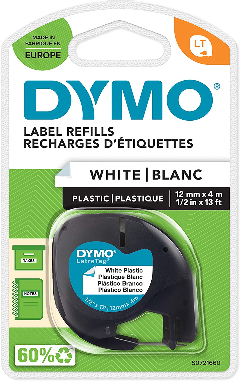 Dymo LetraTag 91201/91221 (S0721610/S0721660) - Texte noir sur fond blanc - Largeur 12 mm x 4 mètres