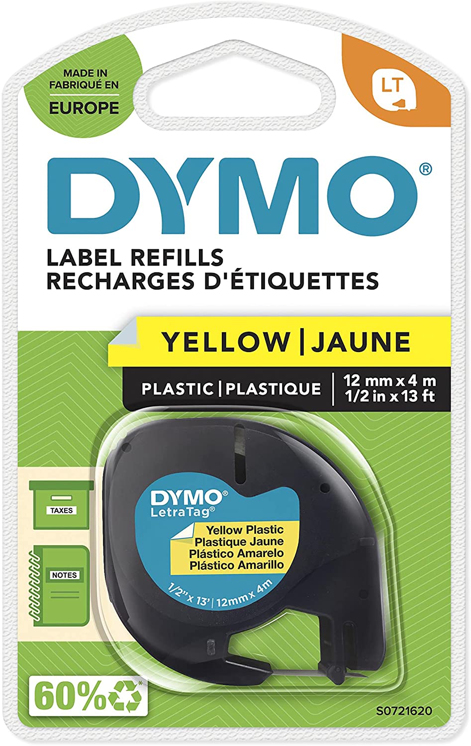 Dymo LetraTag 91202 (S0721620) - Texte noir sur fond jaune - Largeur 12 mm x 4 mètres