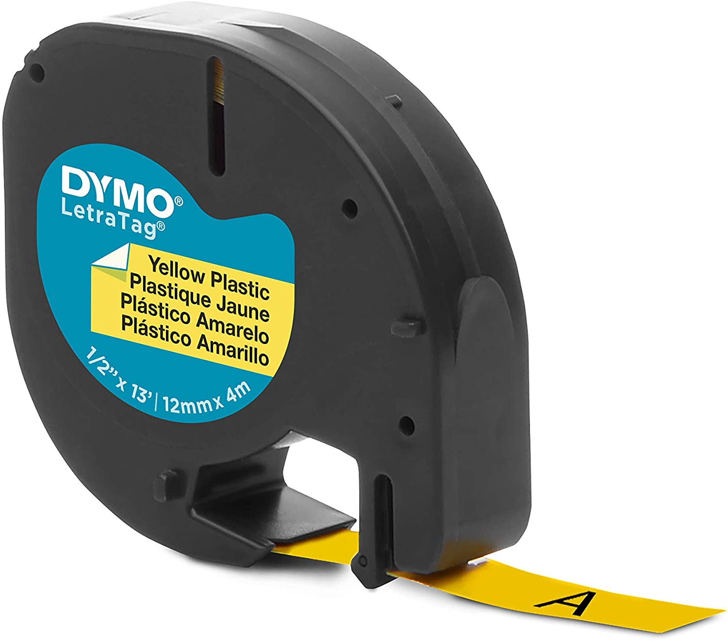 Dymo LetraTag 91202 (S0721620) - Texte noir sur fond jaune - Largeur 12 mm x 4 mètres